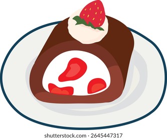 Strawberry Chocolate Roll Cake Illustration | Cute Vector Dessert with Cream Topping