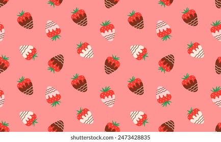 Strawberry in chocolate seamless pattern. Sweet strawberries in chocolate fondue snack. Juicy summer berries. Flat Vector illustration