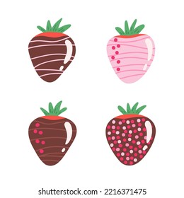 Strawberry in chocolate set, sweet strawberries covered in chocolate fondue snack. Vector Illustration for printing, backgrounds, covers and packaging. Isolated on white background.