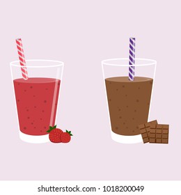 Strawberry and chocolate smoothies or milkshake. Glasses with drinks