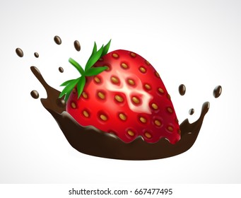 Strawberry and chocolate splash. 3d vector isolated on white background. Realistic illustration