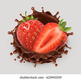 Strawberry and chocolate splash. Realistic illustration. 3d vector icon