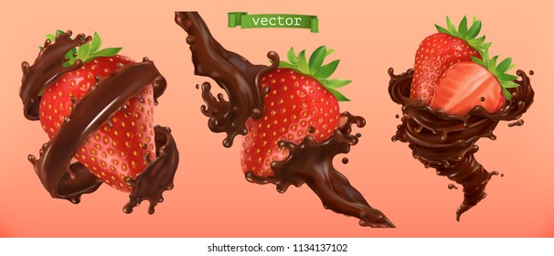 Strawberry and chocolate splashes. 3d realistic vector