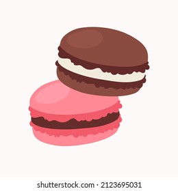 Strawberry and chocolate sweet french macaroons. Macarons vector illustration in flat style.