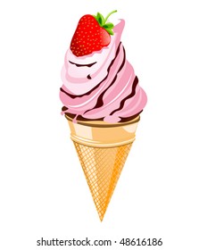 Strawberry and chocolate syrup ice cream in a cone, enjoy