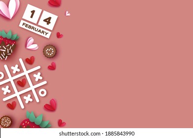 Strawberry and Chocolate. Valentines Day Greeting Card. Hearts paper cut style. Sweet dessert, choco candy. Happy Romantic holidays. Space for text. February 14. Tic-tac-toe game.