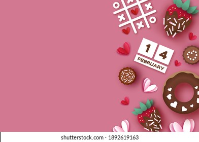 Strawberry and Chocolate. Valentines Day Greeting Card. Hearts paper cut style. Sweet dessert, choco candy. Happy Romantic holidays. Space for text. February 14. Tic-tac-toe game.