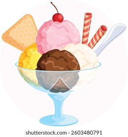Strawberry, Chocolate, Vanilla and Mango Ice Cream Scoops in Glass Ice Cream Bowl with Biscuit, Strawberry Wafer Sticks and Spoon