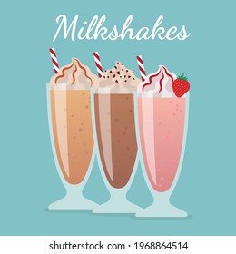 Strawberry, chocolate and vanilla milkshakes in glass. Vector illustration.
