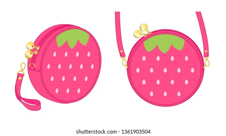 Strawberry circle bag, round purse, double slider zipper bag, daily zip pouch with detachable shoulder strap/ detachable wrist strap, vector illustration sketch template