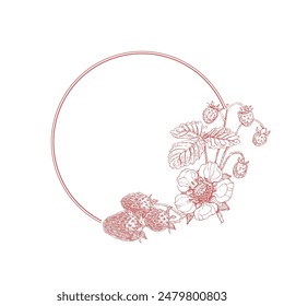 Strawberry circle frame. Hand drawn round line border, leaves and flowers, wedding invitation and cards, logo design and posters template. Elegant minimal style floral vector isolated 