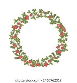 Strawberry circle frame. Wreath with strawberries and cloverleaf. Summer hand drawn illustration. Vector print design with a text place. White background.