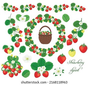 Strawberry clipart. Strawberry collection. Strawberry isolated on white background. Basket with strawberries. Isolated on a white background.