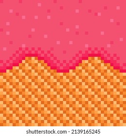 Strawberry coated wafers seamless pattern pixel art. Vector background.