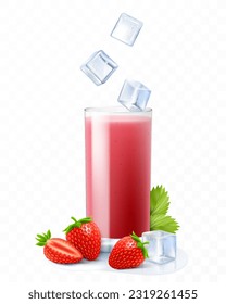Strawberry cocktail. Berry smoothie or yogurt. Summer refreshing drink with ice cubes and strawberry. Strawberry juice, lemonade. Realistic 3D vector illustration