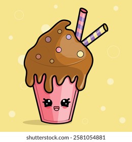 Strawberry cocktail with chocolate in kawaii style.Vector character illustration