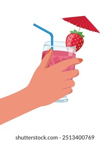 Strawberry cocktail cold drink on hand _stock illustration