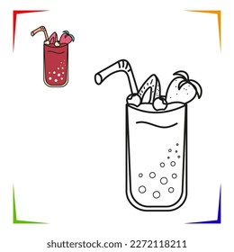 Strawberry cocktail Coloring Page. Vector Educational worksheet colored by sample. Drink Paint game. Elements for coloring book, page, printing, design illustrations in the style of outline for kids.