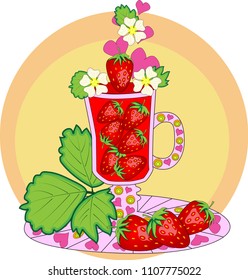 Strawberry cocktail. Cocktail cooked with love. A tall glass with strawberries, decorated with leaves and flowers