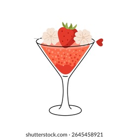 Strawberry cocktail decorated flowers and berry. Summer party drink. Refreshing beverage in stemmed glass. Flat vector illustration isolated on white background