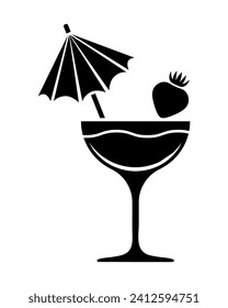 Strawberry cocktail decorated with a cocktail umbrella. Vector icon.