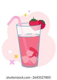 Strawberry cocktail in decorative style. Summer illustration with glass of drink.