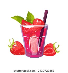 Strawberry cocktail. Fresh summer cocktail, lemonade with strawberries and mint. Vector illustration.