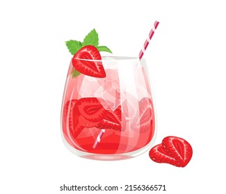 Strawberry cocktail. Fresh summer cocktail with strawberries, ice cubes and mint.Vector illustration.The concept of drinks.