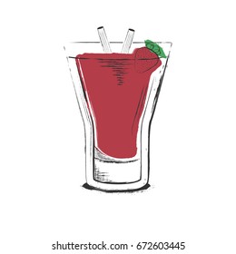 Strawberry cocktail. Hand drawn vector illustration in sketch retro style. 