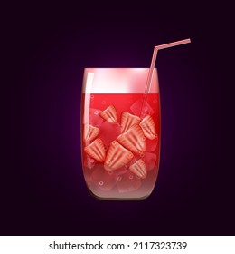 Strawberry cocktail Isolated on dark background. Fresh summer drink and berries vector illustration.