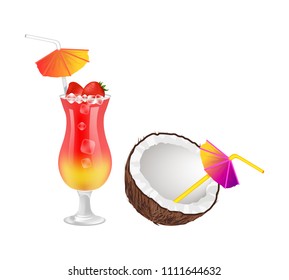 Strawberry cocktail near coconut with straws and umbrellas. Delicious fresh tropical drinks. Sweet beverage next to exotic nut vector illustrations.