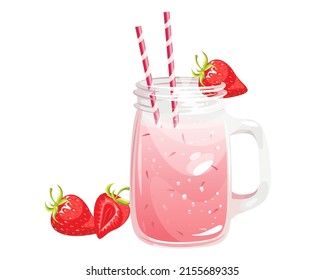 Strawberry cocktail on a white background.A summer refreshing drink in a jar with a straw and fresh strawberries.Vector illustration.