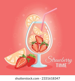 Strawberry cocktail with oranges in summer time on pink background, vector illustration