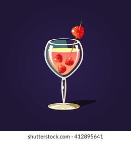 Strawberry  Cocktail Outlined Flat Vector Sticker In Cartoon Design Isolated On Dark Background