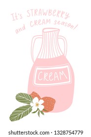 Strawberry cocktail. Vector cafe menu element design. Hand drawn illustration with cream in the bottle and strawberries isolated on the white background.