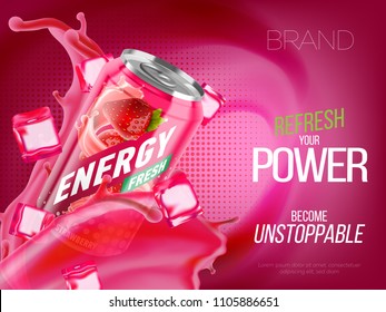 Strawberry cold energy drink in metal can with ice and juice splash advertising banner, soda water branding ready mockup high quality 3d vector realistic illustration