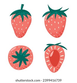 Colección de fresa en estilo plano dibujado a mano, conjunto de ilustraciones vectoriales. Cortes y bayas enteras, elementos de diseño gráfico. Fotografia vitamina cosecha de verano.