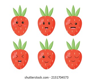 Strawberry collection  with kawaii eyes. Flat design vector design illustration isolated on white background 