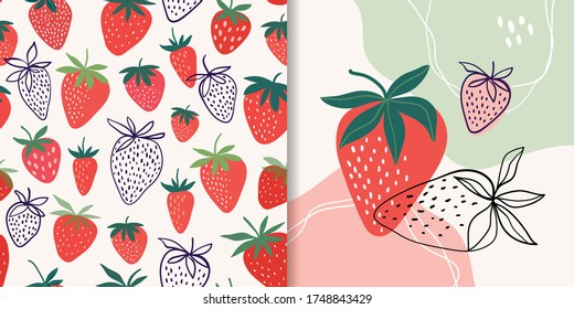 Strawberry collection with seamless pattern and abstract composition, doodle shapes, trendy design