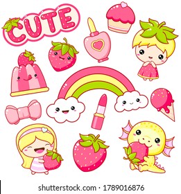 Strawberry collection. Set of kawaii summertime stickers. Little girl and dragon with ripe strawberry, rainbow, lipstick, cupcake, ice cream. Cute summer kit. Vector EPS8