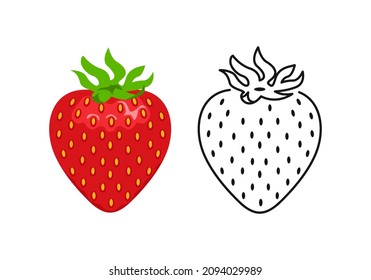 Strawberry color cartoon illustration and outline. Vector red berry. Flat icon.