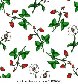 Strawberry colored seamless pattern. Vintage botanical colorful background with berries and leaves. Vector hand drawn ink floral engraved illustration