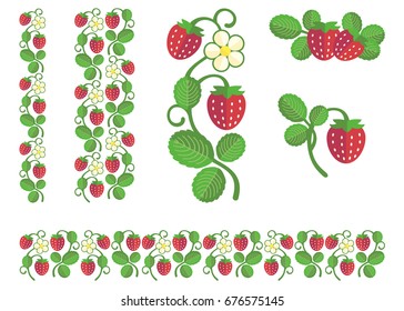 Strawberry colored stem with berries, flower and leaves. Flat colors set of design ornament elements