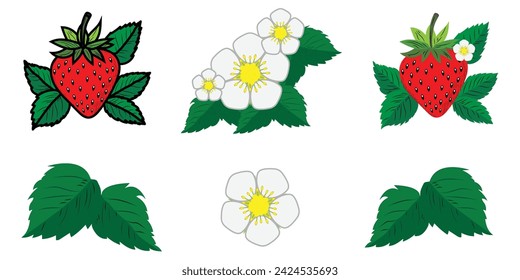 Strawberry colorful cartoon icons. Cute strawberry berries, leaves and flowers on white background, vector icons