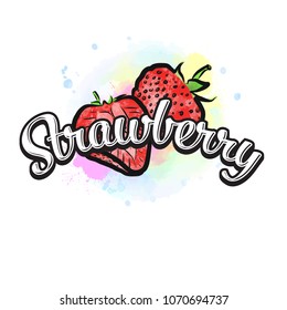Strawberry colorful label sign. Vector drawing for advertising. Fresh design of colorful fruits made in watercolor style. Modern illustration on white background.