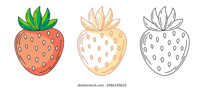 Strawberry, colorful and line icons set. Summer food, vector outline icon, monochrome and color illustration. Ripe berry, summertime. For logo, sticker, coloring book, label