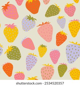 Morango vetor colorido sem emenda plano de fundo padrão. Ilustração de fruta isolada no fundo bege. Fundo sem costura com morangos para papel de embrulho, papel de parede