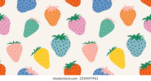 Strawberry colorful vector seamless pattern background. Fruit illustration isolated on beige background. Seamless background with strawberries for wrapping paper, wallpaper