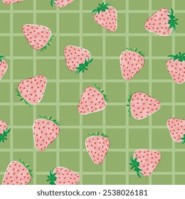 Morango vetor colorido sem emenda plano de fundo padrão. Ilustração de fruta isolada no fundo verde. Fundo sem costura com morangos para papel de embrulho, papel de parede