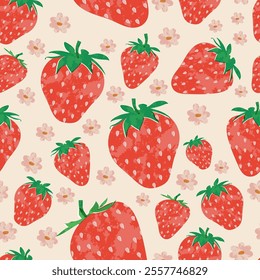 Strawberry colorful vector seamless pattern background. Fruit illustration isolated on beige background. Seamless background with strawberries for wrapping paper, wallpaper